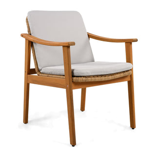 Outdoor Dining Chairs Set of 2, Teak Color Acacia Wood Frame, Brown PE Wicker, Grey Waterproof Cushion