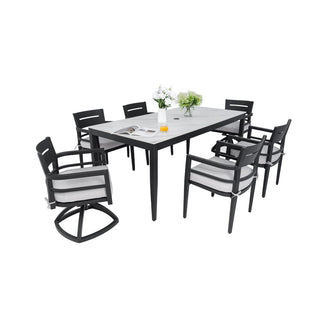 7-Piece Aluminum Outdoor Patio Dining Set with Sintered Stone Table & Sunbrella Cushions, 4 Chairs & 2 Swivel Rockers – Ember Black