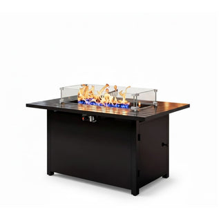 43”Width Outdoor 2-in1 Black Gas Fire Pit Table with Lid & Glass Shield, 50000 BTU CSA Certified Propane Gas Fire Pit, Rectangular Fire Table w/Stainless Burner, Lava Rock, Waterproof Cover