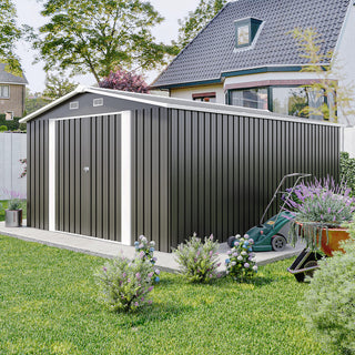 10×14 FT Heavy-Duty Metal Storage Shed with 3 Lockable Doors, 4 Vents & Sloped Roof – Outdoor Garden Tool Shed for Backyard, Patio & Lawn (Dark Grey)