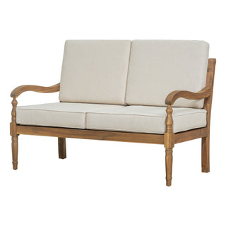 Outdoor Acacia Wood Loveseat with Cushions – Natural Finish & Beige Fabric, Durable Patio Seating