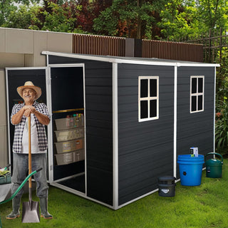 8x4 FT Outdoor Resin Garden Shed with Floor and 2 Windows, Plastic Patio Outdoor Storage Shed with Lockable Door for Garden Tools, Bicycles, Trash Cans, Black