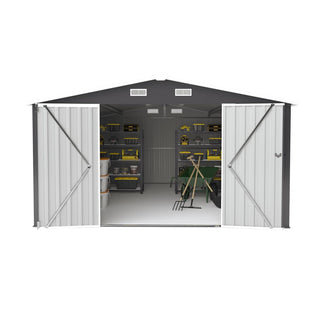10×14 FT Heavy-Duty Metal Storage Shed with 3 Lockable Doors, 4 Vents & Sloped Roof – Outdoor Garden Tool Shed for Backyard, Patio & Lawn (Dark Grey)