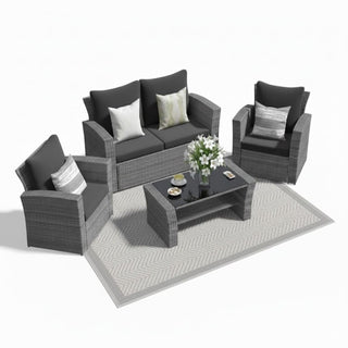 4-Piece Wicker Patio Conversation Set With Glass Table and Blue/Black/Gray Cushions