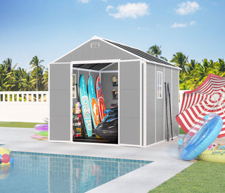 8X8 FT resin storage shed, high quality pp material, strong structure, waterproof, rust and UV proof, large storage space, 12mm thick pp board, HD window lighting