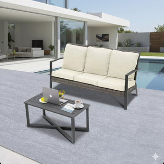 2-Piece Wicker Patio Conversation Set with Beige/Gray Cushions & Coffee Table