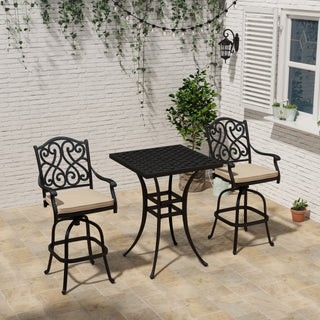 3-Piece Patio Bistro Set – Cast Aluminum Table & 2 Swivel Chairs with Cushions