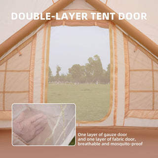 Inflatable Camping Tent with Hand Pump, 4-Season Waterproof & Windproof Air Glamping Cabin Tent with Mesh Windows and Chimney Vent