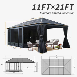 11x21FT Outdoor Sunroom, All Season Solarium Gazebo with Galvanized Steel Roof, Detachable PE Screen, 2 Lockable Sliding Door, Hardtop Gazebo with Netting and Curtains for Patio Deck Garden
