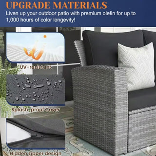 4-Piece Wicker Patio Conversation Set With Glass Table and Blue/Black/Gray Cushions