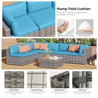 7-Piece All-Weather Gray Wicker Couch Patio Set with Removable Light Blue Cushions and Glass Coffee Table for Patio, Poolside & Backyard