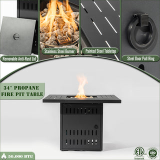 34" Propane Gas Fire Pit Table, 50000 BTU Rectangular Steel Fire Pit for Outside Patio Deck Garden Courtyard- Black