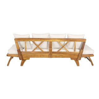 Outdoor Patio Daybed Sofa, 3-Seat Sofa with Foldable Arm 4 Back Pillows, Teak Acacia Wood Frame Beige Removable Cushion