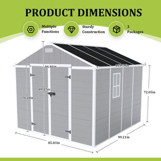 8X8 FT resin storage shed, high quality pp material, strong structure, waterproof, rust and UV proof, large storage space, 12mm thick pp board, HD window lighting