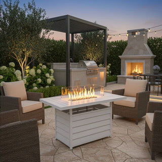 54.3 Inches Outdoor Patio White/Dark Grey/Black Aluminum Fire Pit Table, 50000 BTU CSA Certified Propane Gas Fire Pit, Rectangular Fire Table w/Stainless Burner, Lava Rock, Waterproof Cover
