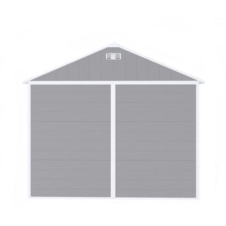 8X8 FT resin storage shed, high quality pp material, strong structure, waterproof, rust and UV proof, large storage space, 12mm thick pp board, HD window lighting