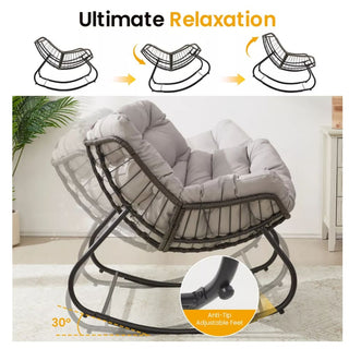 Dark Gray/Light Gray/Green Egg Rocking Chair with Ottoman, All-Weather Wicker Lounge & Cushions