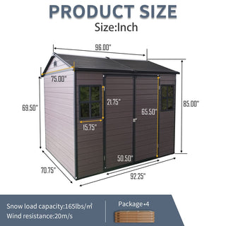 8 x 6 ft Resin Outdoor Storage Shed Waterproof Shed with Floor & Two Windows & Lockable Door, Tool Shed for Garden, Patio, Backyard,Grey/Black/White+Gray/Brown