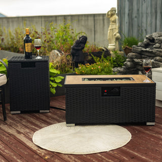32" Propane Gas Fire Pit Table with Propane Tank Cover 2-Pieces, 50000 BTU Rectangular Steel Fire Pit with Beautiful Wicker Base for Outside Garden-Beige/Dark Gray