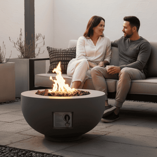 Outdoor Round Propane Fire Pit Table 28-inch,40,000 BTU Fire Pit Bowl,Light Concrete Propane Fire Pit with Free Lava Rocks,Rain Cover and Burner Lid,for Outside Patio,Garden,Deck,Light Gray