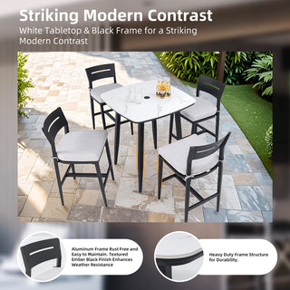 5-Piece Outdoor Patio Bar Set – 35.4" Marble-Style Sintered Stone Table & Aluminum Bar Stools with Sunbrella® Cushions