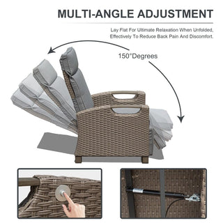 Outdoor Wicker Reclining Chair with Push-Back Backrest, Flip-Up Side Table & Thick Cushions for Patio & Backyard