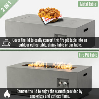 42" Propane Gas Fire Pit Table 2-Pieces, 50000 BTU Rectangular Steel Fire Pit with Glass Wind Guard for Outside Patio Deck Garden Courtyard -Light Gray