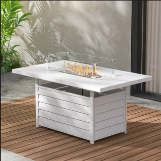 54.3 Inches Outdoor Patio White/Dark Grey/Black Aluminum Fire Pit Table, 50000 BTU CSA Certified Propane Gas Fire Pit, Rectangular Fire Table w/Stainless Burner, Lava Rock, Waterproof Cover