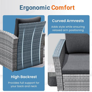 4-Piece Wicker Patio Conversation Set With Glass Table and Blue/Black/Gray Cushions