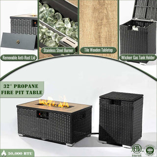 32" Propane Gas Fire Pit Table with Propane Tank Cover 2-Pieces, 50000 BTU Rectangular Steel Fire Pit with Beautiful Wicker Base for Outside Garden-Beige/Dark Gray