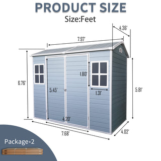Outdoor Storage Shed with Two-Window and Double-Door, Plastic Shed with Floor for Gargen,Patio,Yard,Lawn,Black/Grey