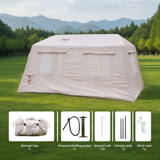 11m² Inflatable Camping Tent with Hand Pump, 4-Season Waterproof Oxford Air Glamping Tent, Easy Setup Blow Up Tent for 4-8 Persons