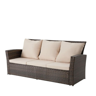67.7" All-Weather Wicker 3-Seat Patio Sofa with Thick Blue/Biege/Gray/Black Cushions & Black Frame