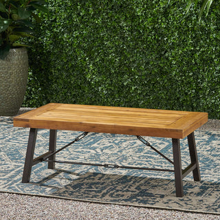 Outdoor Acacia Wood Coffee Table, Teak Finish with Rustic Brown & Black Metal Frame, 45.75" W x 27.25" D x 18" H