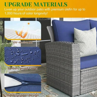 4-Piece Wicker Patio Conversation Set With Glass Table and Blue/Black/Gray Cushions