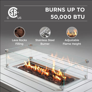 54.3 Inches Outdoor Patio White/Dark Grey/Black Aluminum Fire Pit Table, 50000 BTU CSA Certified Propane Gas Fire Pit, Rectangular Fire Table w/Stainless Burner, Lava Rock, Waterproof Cover