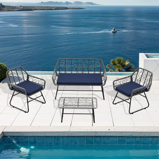 4-Piece Wicker Patio Furniture Set With Tempered Glass Table, Detachable Blue Cushion