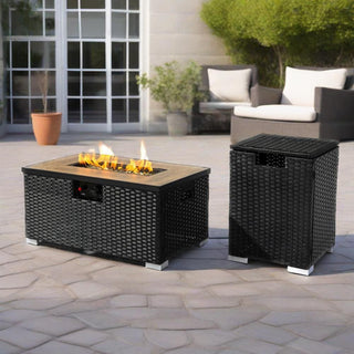 32" Propane Gas Fire Pit Table with Propane Tank Cover 2-Pieces, 50000 BTU Rectangular Steel Fire Pit with Beautiful Wicker Base for Outside Garden-Beige/Dark Gray