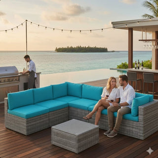 7-Piece All-Weather Gray Wicker Couch Patio Set with Removable Light Blue Cushions and Glass Coffee Table for Patio, Poolside & Backyard