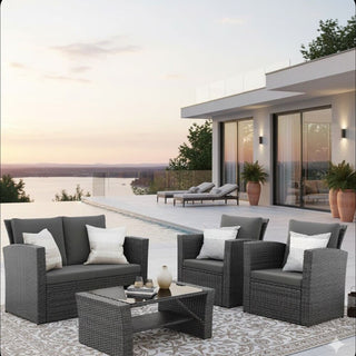 4-Piece Wicker Patio Conversation Set With Glass Table and Blue/Black/Gray Cushions