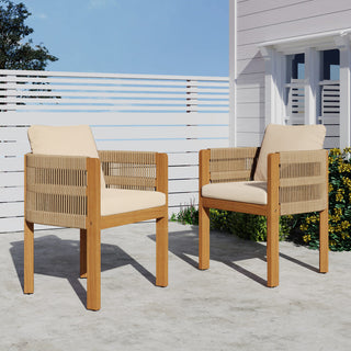 Acacia Wood Outdoor Dining Chairs 2-Pack with Mix White Rope Handles, Washable Waterproof Brown/Grey/Beige Cushions, 400 lbs Capacity