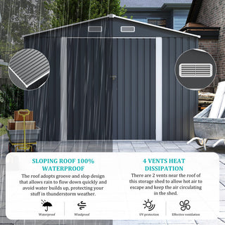Outdoor Storage Shed 9×11 FT with 3 Lockable Doors,Utility Tool Shed Metal Storage Garden Sheds 4 Vents,Metal Sheds with Galvanized Steel Frame,for Backyard,Patio,Lawn,Grey