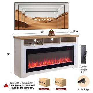 60 Inch White Fireplace TV Stand for TVs up to 70", Media Console with 50" Smart Electric Fireplace for Living Room