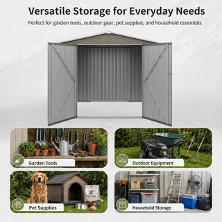 8x6 FT Outdoor Metal Storage Shed, Galvanized Steel Garden Shed with Lockable Double Doors & Vents