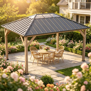 Cedarpinnacle 12X16 FT Hardtop Wood Gazebo with Galvanized Steel & PC Roof, UPF50+ Sun Protection for Patio