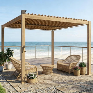9.8 x 9.8 Ft Outdoor Louvered Pergola with Solar LED Lights & Powder-Coated Steel Roof