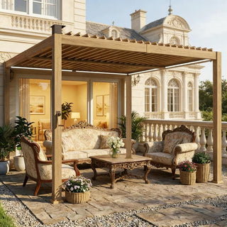 9.8 x 9.8 Ft Outdoor Louvered Pergola with Solar LED Lights & Powder-Coated Steel Roof