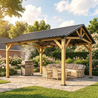 Cedarpinnacle 11X13 FT Outdoor Hardtop Gazebo with Sloped Metal Roof, Cedar Wood Frame, 8-Level Wind Resistance & Snow Load Capacity