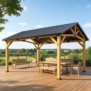 Cedarpinnacle 11X13 FT Outdoor Hardtop Gazebo with Sloped Metal Roof, Cedar Wood Frame, 8-Level Wind Resistance & Snow Load Capacity