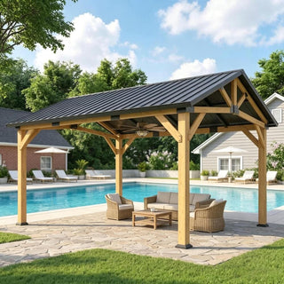 Cedarpinnacle 11X13 FT Outdoor Hardtop Gazebo with Sloped Metal Roof, Cedar Wood Frame, 8-Level Wind Resistance & Snow Load Capacity